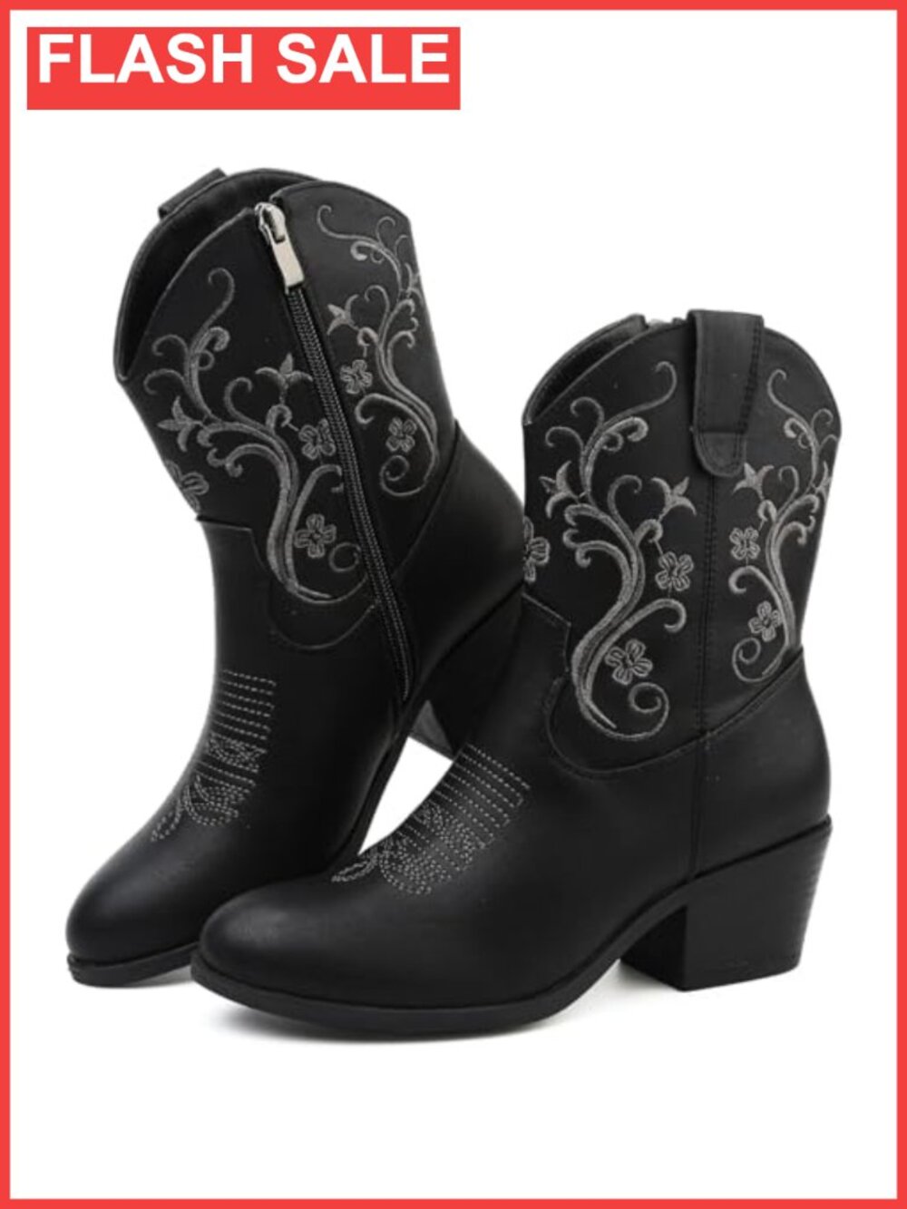 Women's Faux Leather Embroidered Western Ankle Cowboy Boots Side Zip
